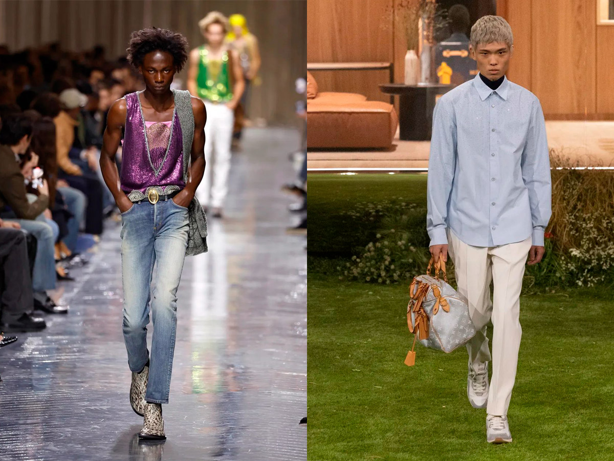 Looks masculinos de Dior y Louis Vuitton con vaqueros azules y pantalones claros de corte estrecho para otoño-invierno 2026-2027.