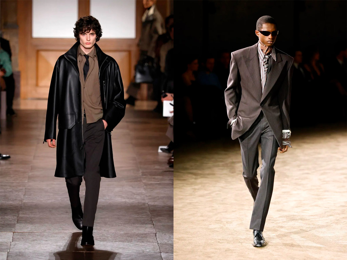 Looks masculinos de Hermès y Saint Laurent con pantalones de vestir oscuros, abrigo de piel y americana para otoño-invierno 2026-2027.