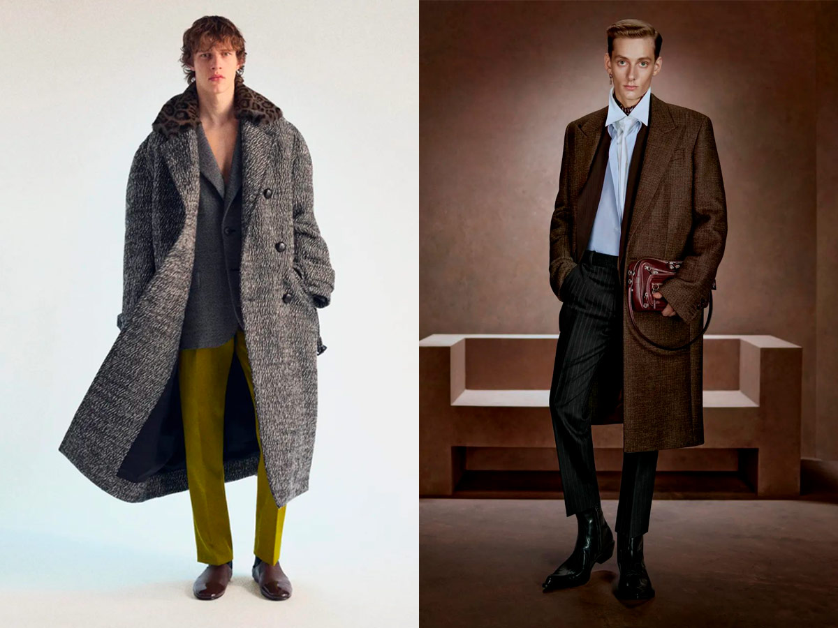 Looks masculinos de Lanvin y Acne Studios con pantalones amarillo verdoso y de raya diplomática, combinados con abrigos largos para otoño-invierno 2026-2027.