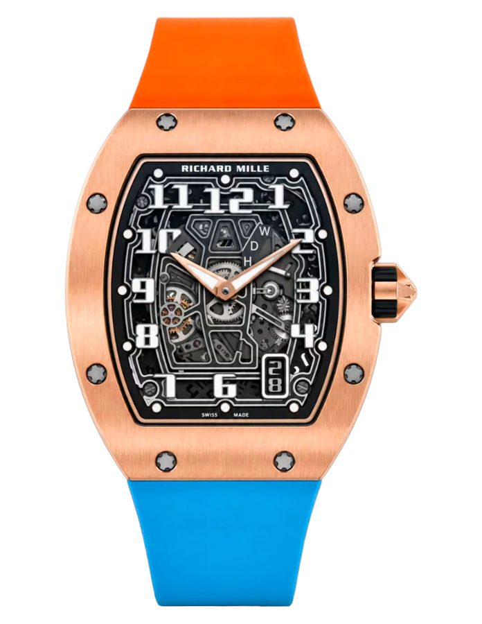 Richard Mille RM 67-01 Automatic Winding Extra Flat de oro rosa con correa bicolor naranja y azul cielo y esfera esqueletizada