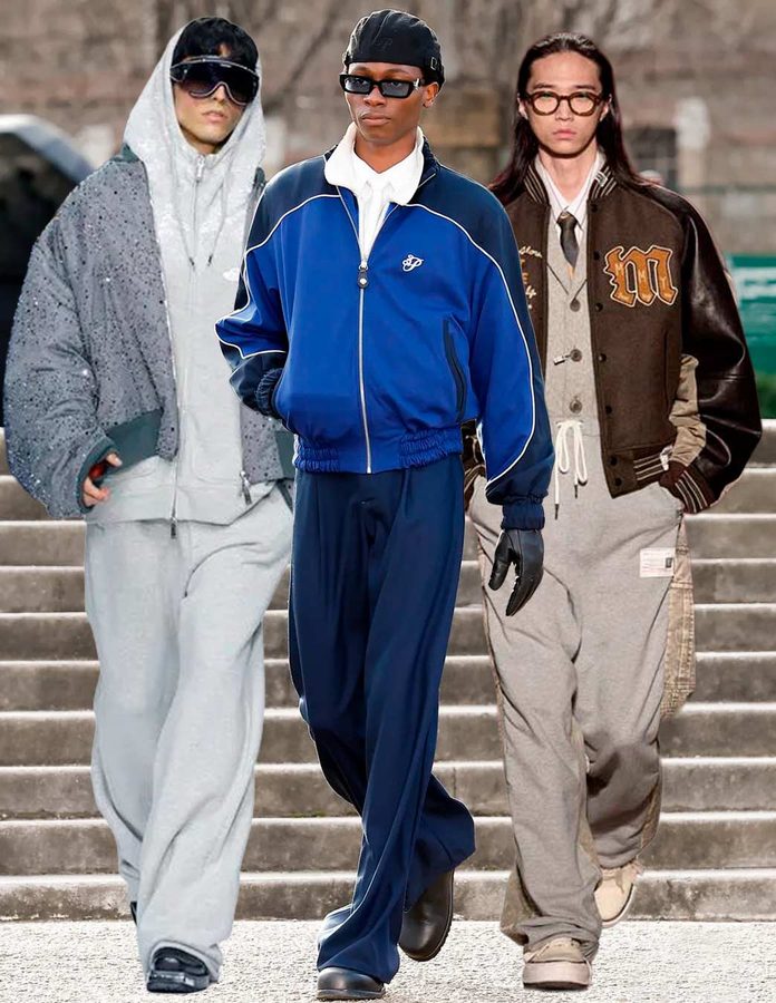 Montaje de looks masculinos de Dsquared2, 3.Paradis y Maison Mihara Yasuhiro con prendas deportivas y detalles de vestir.