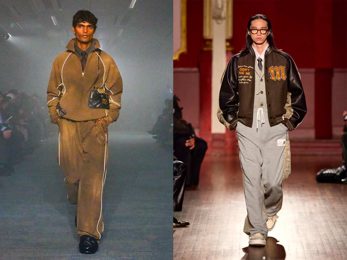 Chándal marrón con camisa y corbata de Doublet y pantalón deportivo gris con corbata y cazadora universitaria de Maison Mihara Yasuhiro.