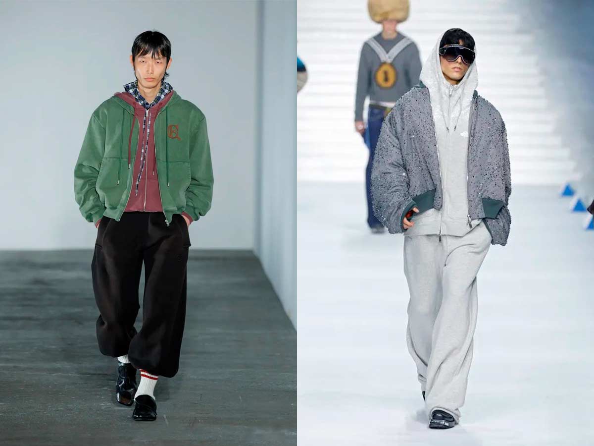 Look de Egonlab con sudaderas superpuestas y zapatos negros junto a un chándal gris con chaqueta de pedrería de Dsquared2.