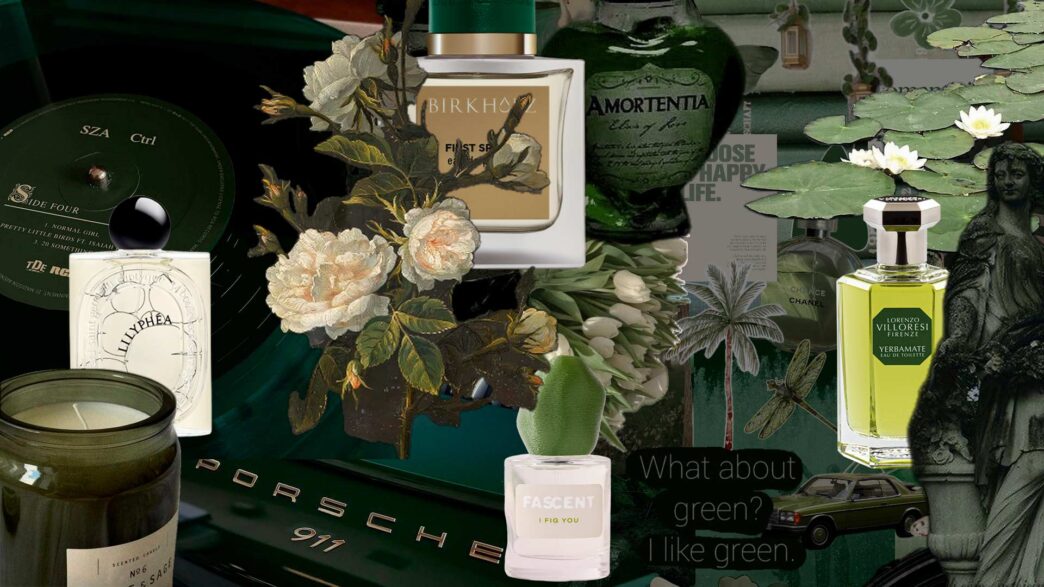 collage en tonos verdes con perfumes y naturaleza
