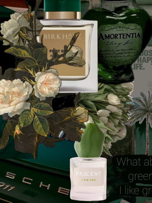 collage en tonos verdes con perfumes y naturaleza