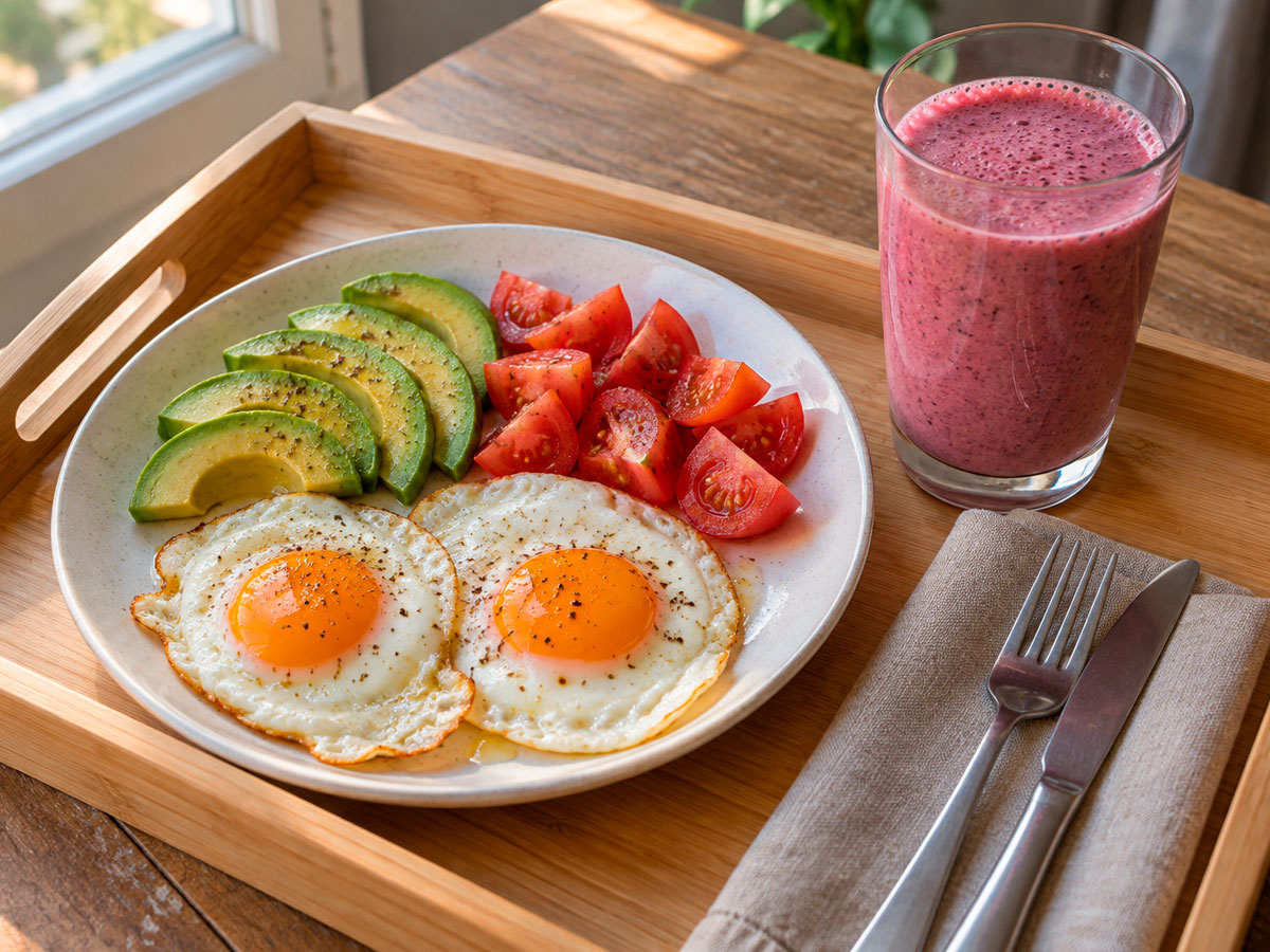 Bandeja desayuno con huevos, aguacate, tomate y frutos rojos