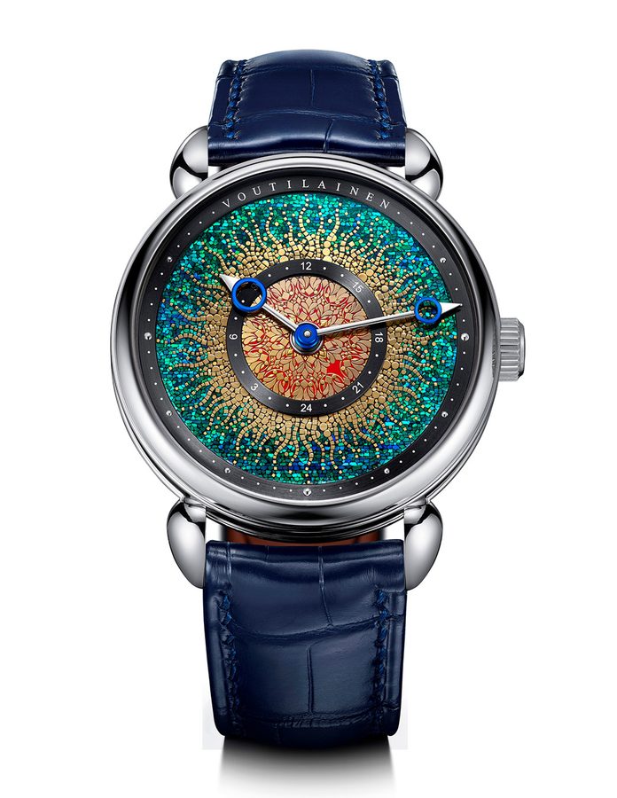 Reloj Voutilainen 28GML SOUYOU de platino, con esfera de laca japonesa multicolor y correa de cuero azul.