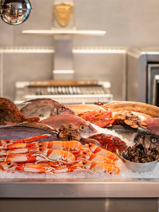 Barra con pescados y mariscos del restaurante Estimar de Madrid.