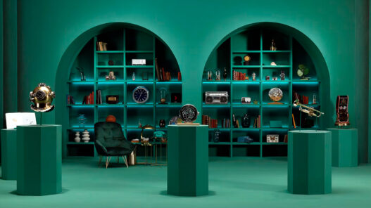 Sala verde de The Watch Keepers de Audemars Piguet con vitrinas de relojes y el logotipo de la plataforma