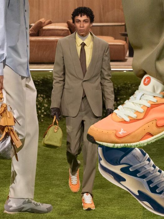 Varios modelos con bolsos Speedy y zapatillas Louis Vuitton LV Drop 300 en el desfile masculino otoño-invierno 2026 de Pharrell Williams