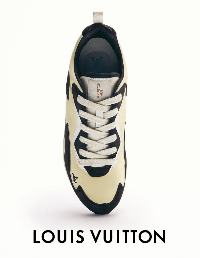 Zapatilla Louis Vuitton LV Drop 300 en nailon amarillo claro y ante negro vista desde arriba