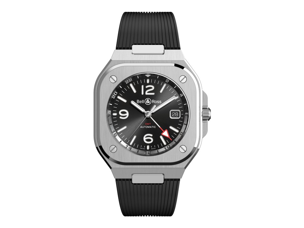 Bell & Ross BR-05 GMT Black de 41 mm con caja de acero, realce de 24 horas bicolor y correa de caucho negro