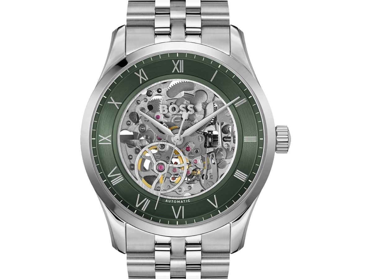 BOSS Principle Skeleton 58244933 automático de 41 mm con esfera verde esqueletada, números romanos y brazalete de acero