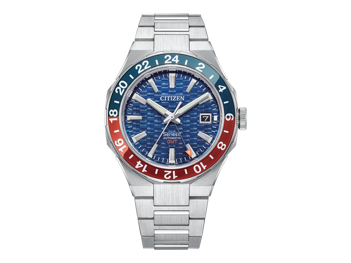 Citizen Series 8 880 Mechanical GMT NB6030-59L con esfera azul, bisel bicolor y brazalete integrado de acero