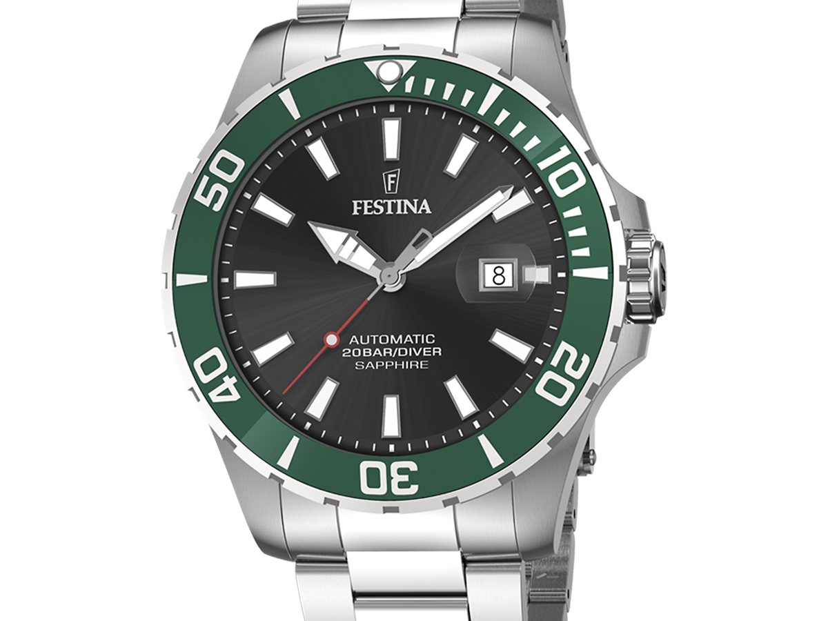 Festina Automatic F20531/2 de 44 mm con esfera negra, cristal de zafiro y brazalete de acero