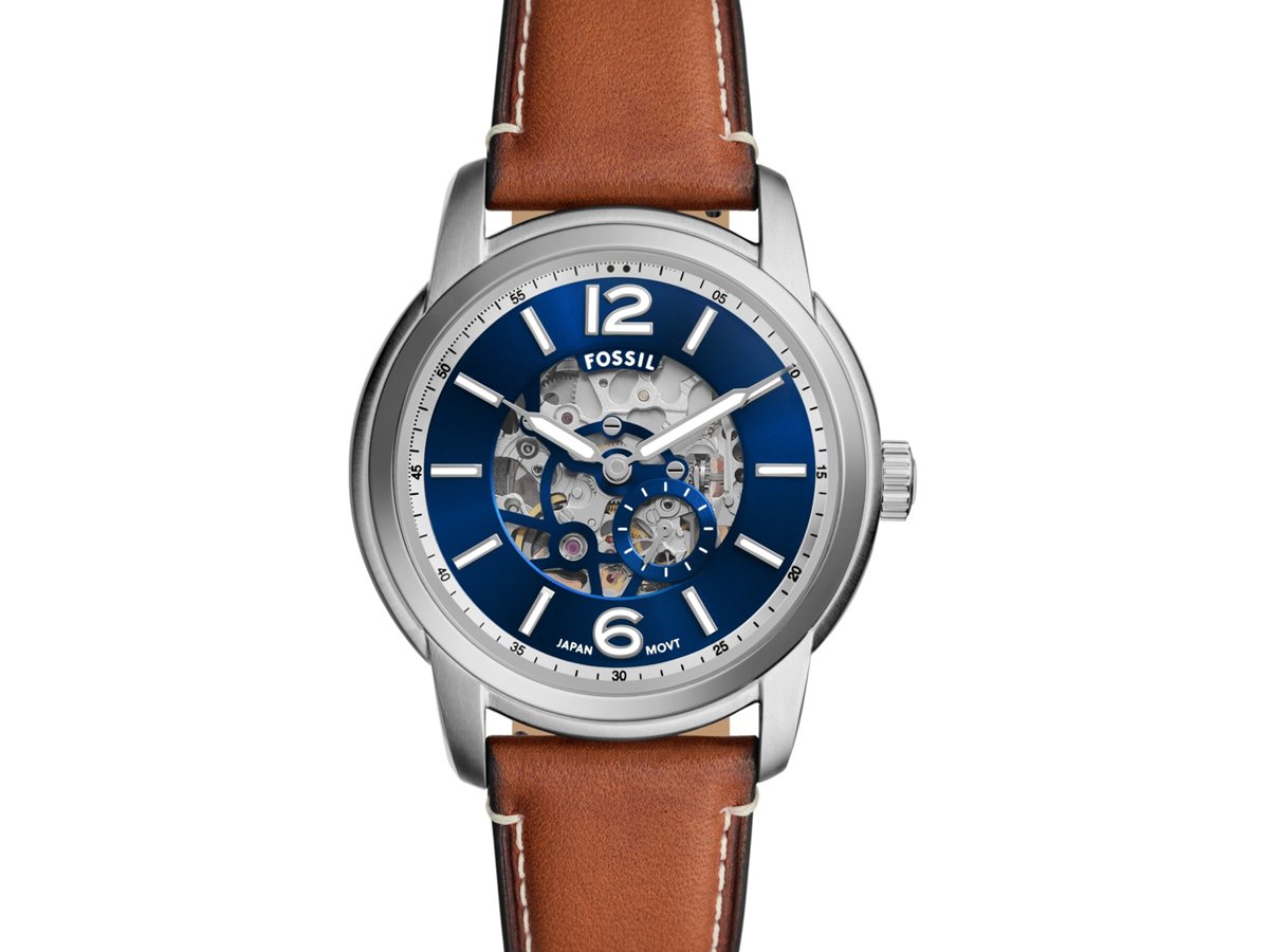 Fossil Heritage ME3263 automático de 43 mm con esfera azul, zafiro de doble cúpula y correa de piel marrón
