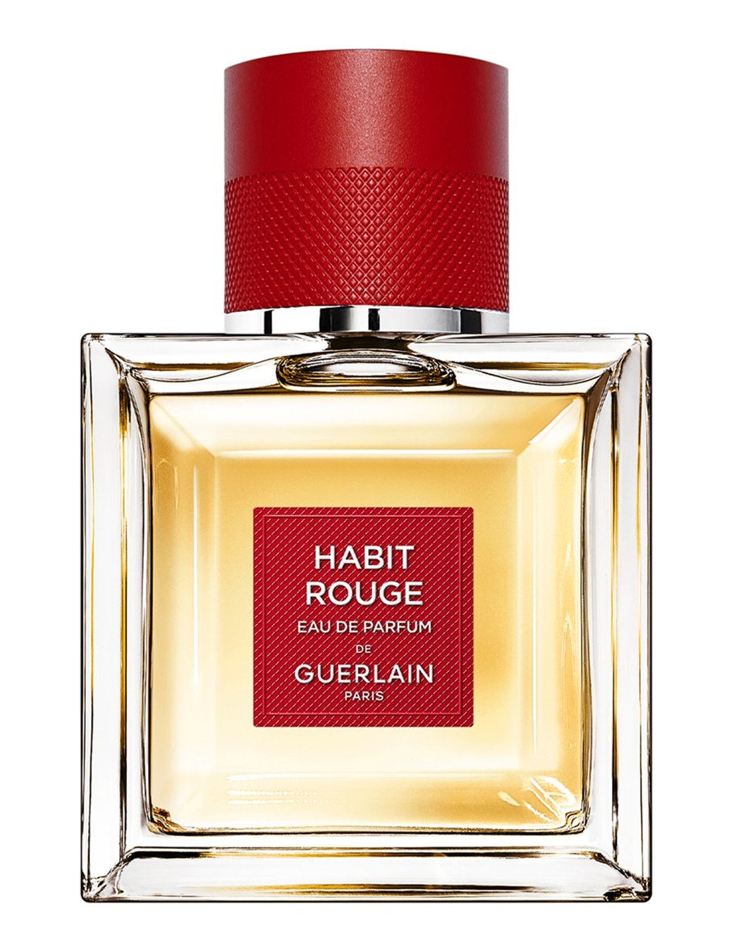 Frasco con etiqueta roja y tapón rojo de Guerlain Habit Rouge Eau de Parfum
