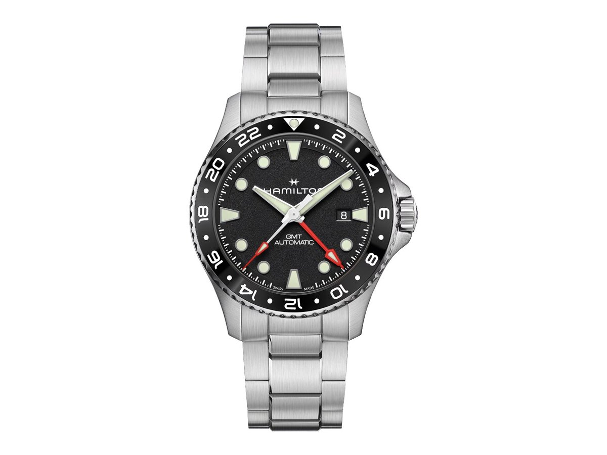 Hamilton Khaki Navy Scuba Auto GMT 43 mm H82555130 con bisel cerámico de 24 horas y aguja GMT roja