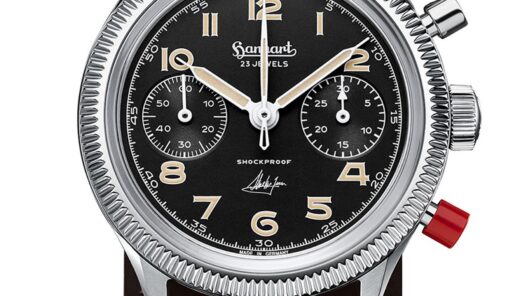 Hanhart 417 ES Steve McQueen Limited Edition No.1, cronógrafo de acero de 39 mm con esfera negra, pulsador rojo y correa de cuero marrón