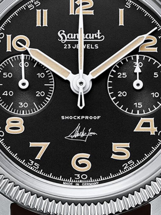 Hanhart 417 ES Steve McQueen Limited Edition No.1, cronógrafo de acero de 39 mm con esfera negra, pulsador rojo y correa de cuero marrón