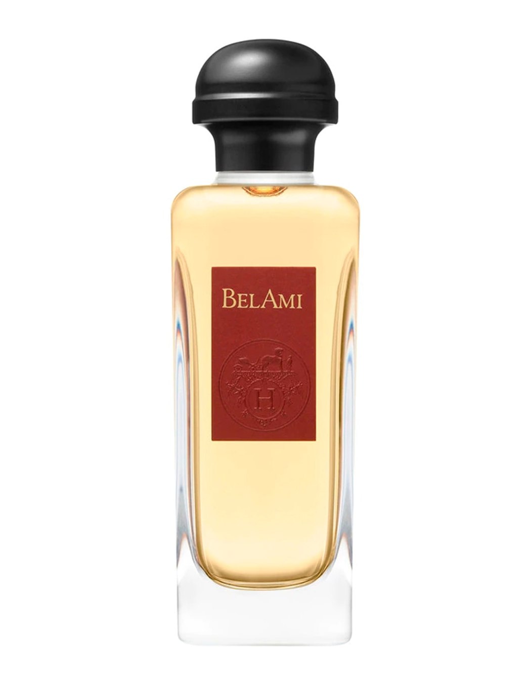 Frasco de Hermès Bel Ami Eau de Toilette con etiqueta roja y tapón negro