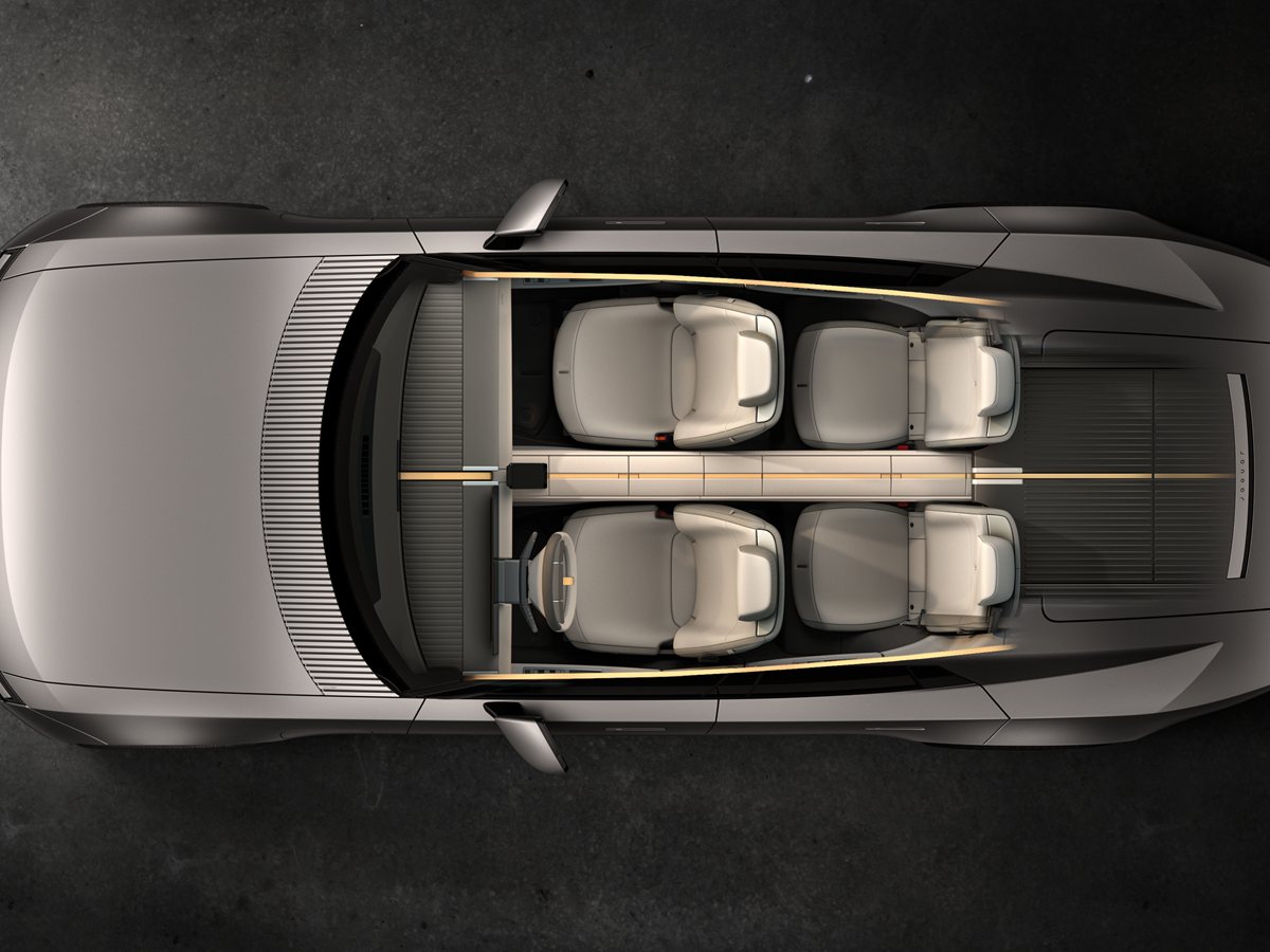 Vista cenital del interior del Jaguar Type 01 con 4 asientos individuales separados por una columna central