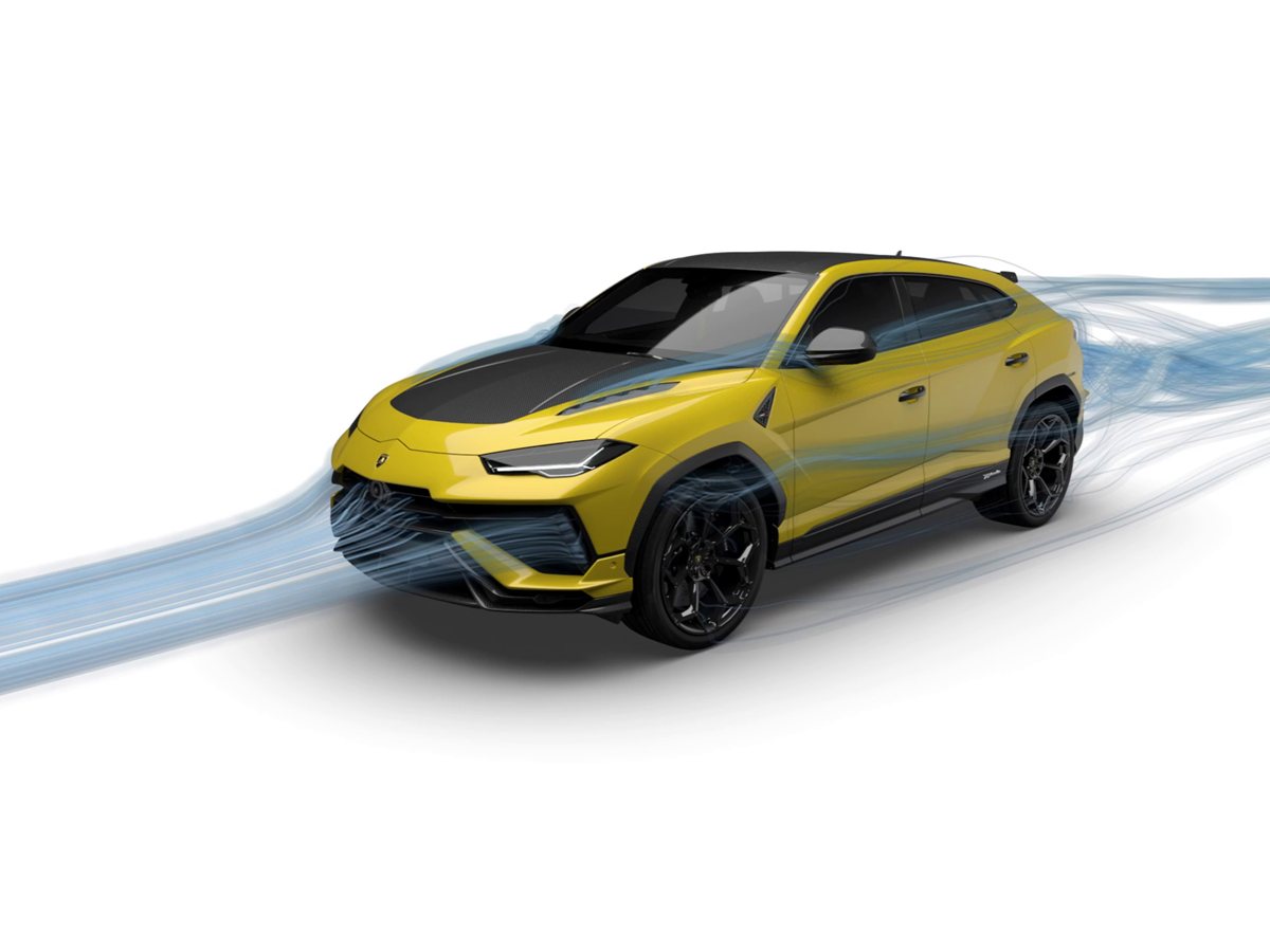 Lamborghini Urus Performante amarillo con las líneas de flujo aerodinámico dibujadas sobre la carrocería