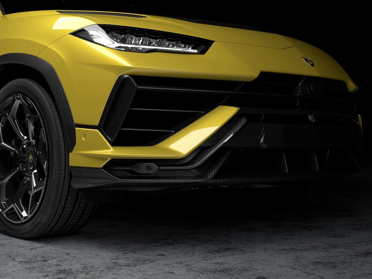 Frontal del Lamborghini Urus Performante amarillo con el splitter y los pasos de rueda de fibra de carbono