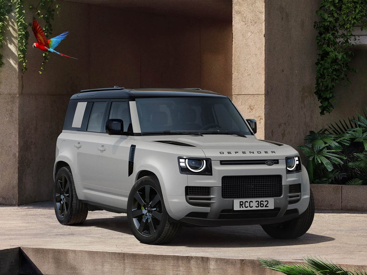 Land Rover Defender 110 gris de tres cuartos delantero bajo un porche de piedra con vegetación