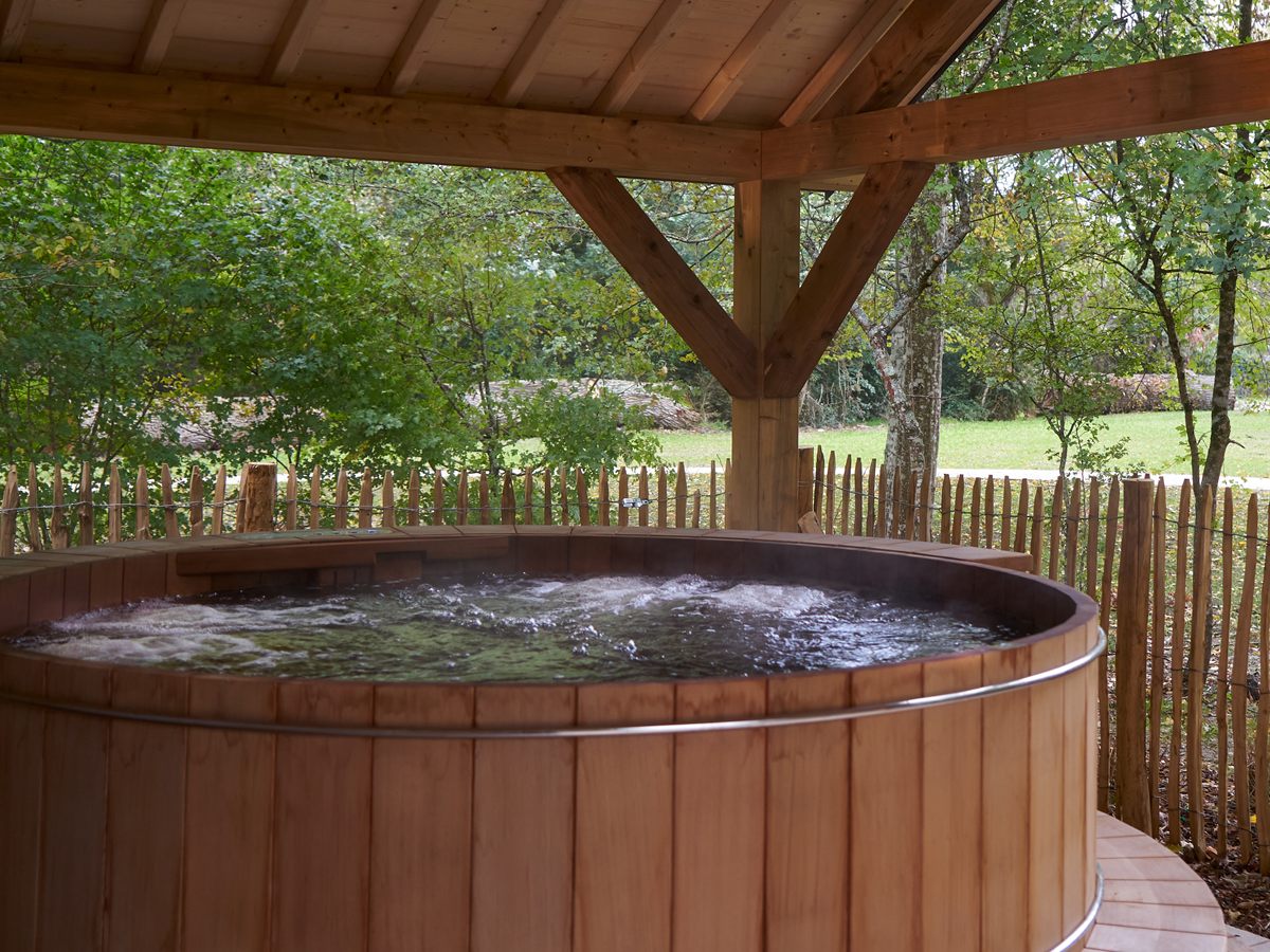 Baño nórdico de madera con agua caliente bajo un porche de madera en Les Sources de Cheverny, con el bosque y el prado al fondo