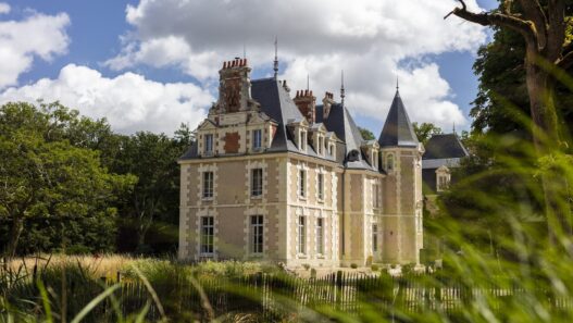 Château du Breuil de Les Sources de Cheverny, castillo de piedra clara con tejado de pizarra y torreón entre árboles del valle del Loira