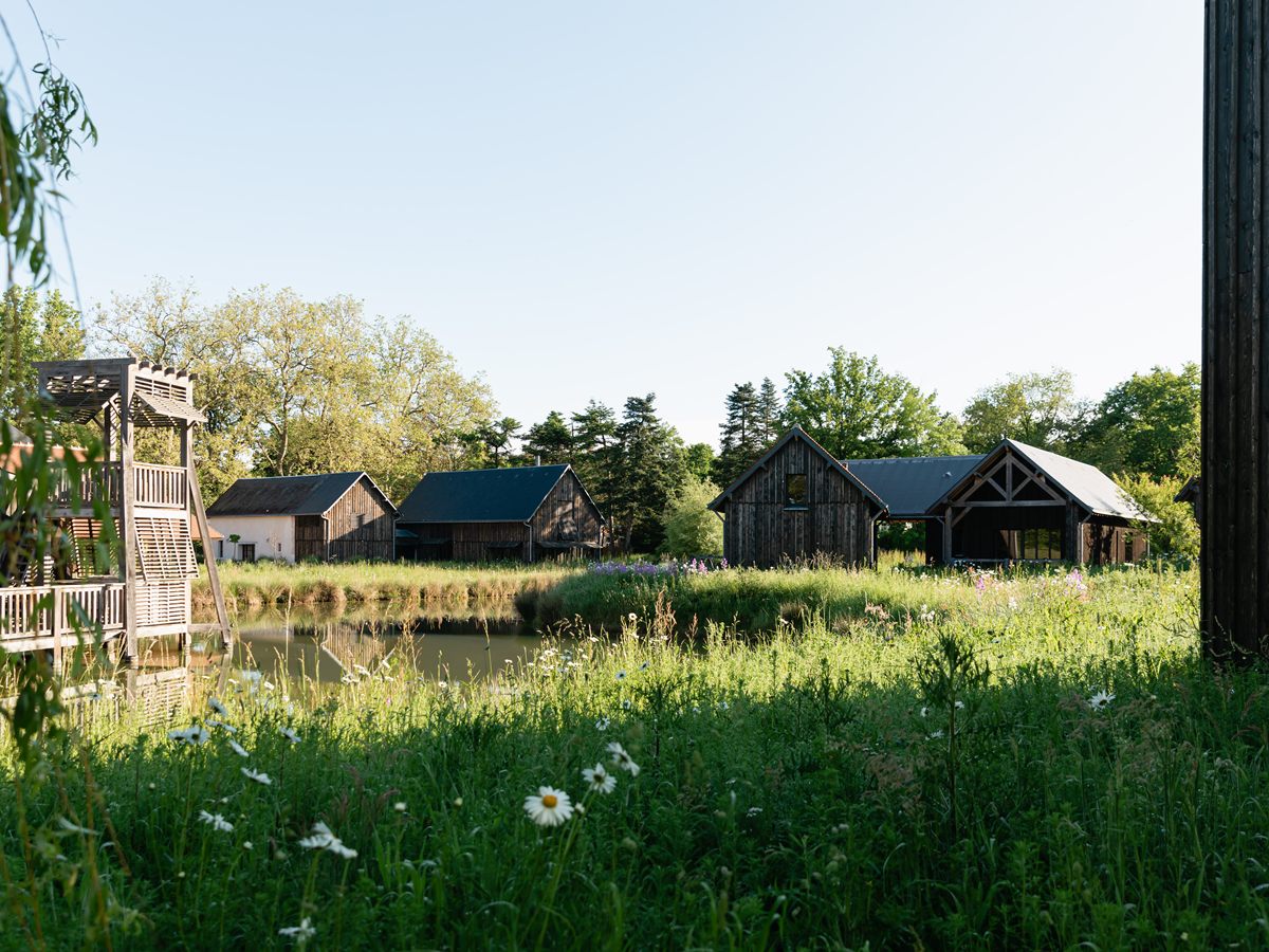 Cabañas de madera oscura del Hameau du Marais de Les Sources de Cheverny junto al lago, con la torre de madera sobre pilotes a la izquierda