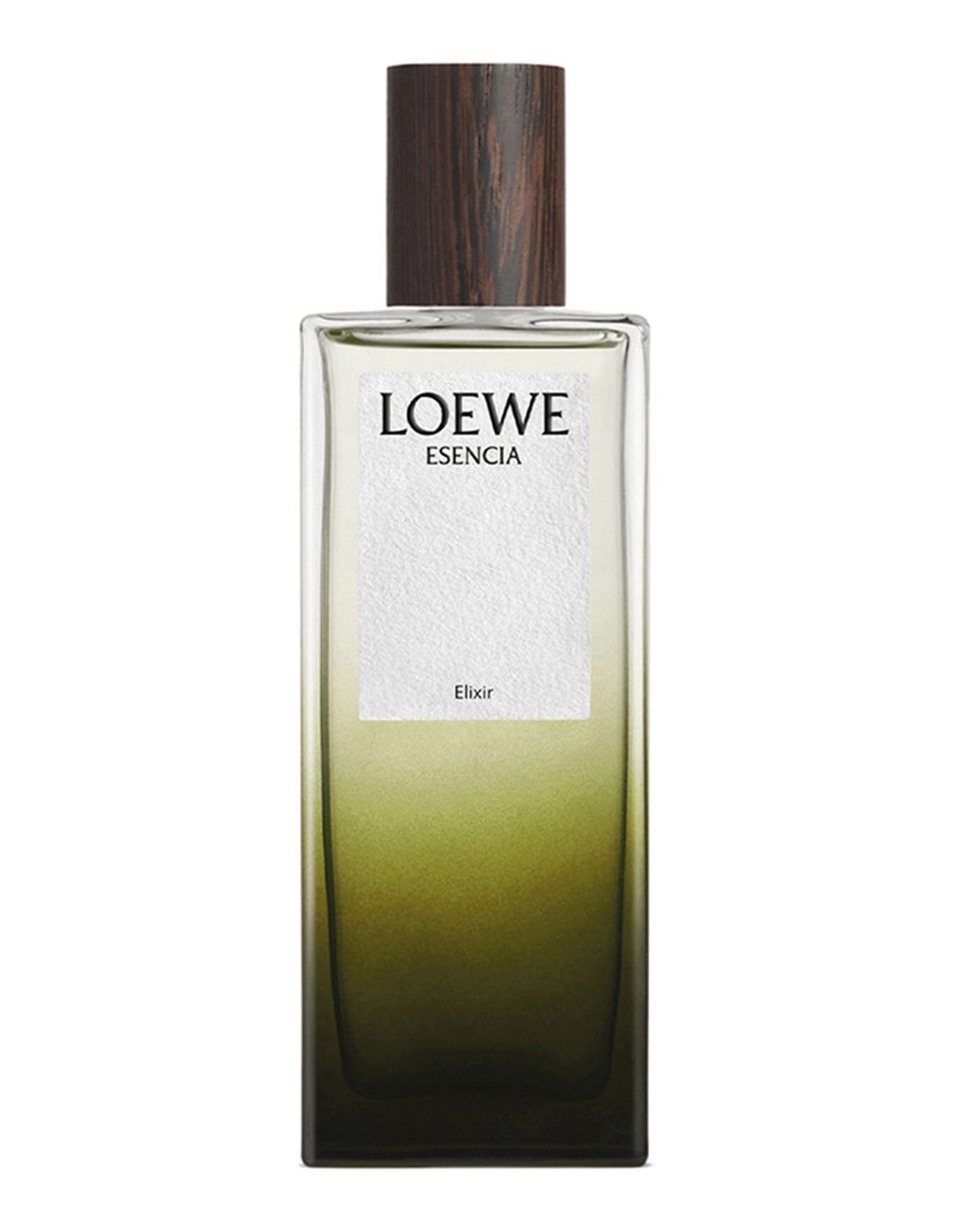Frasco de Loewe Esencia Elixir Eau de Parfum con degradado verde y tapón de madera de wengué