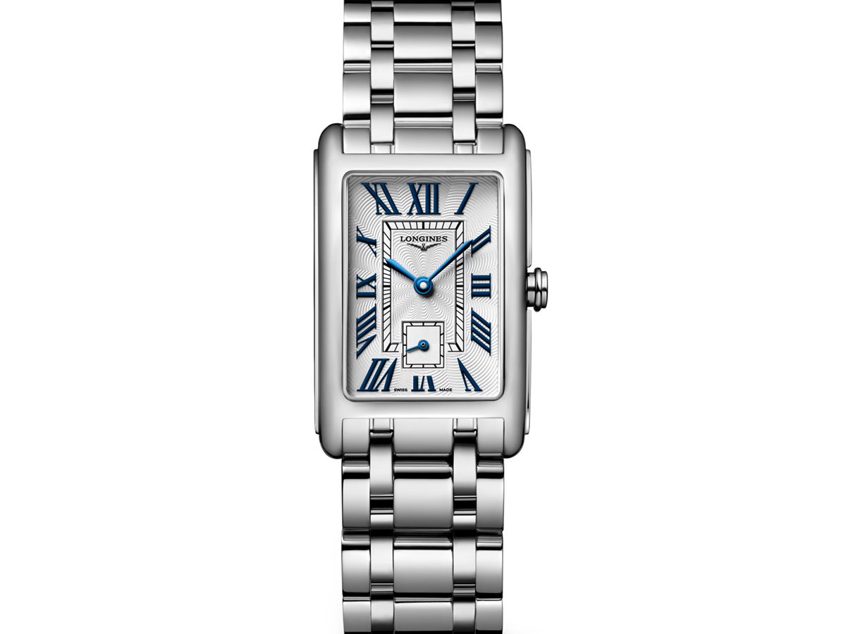 Longines DolceVita L5.512.4.70.6 rectangular de acero con esfera plateada, números romanos azules y brazalete