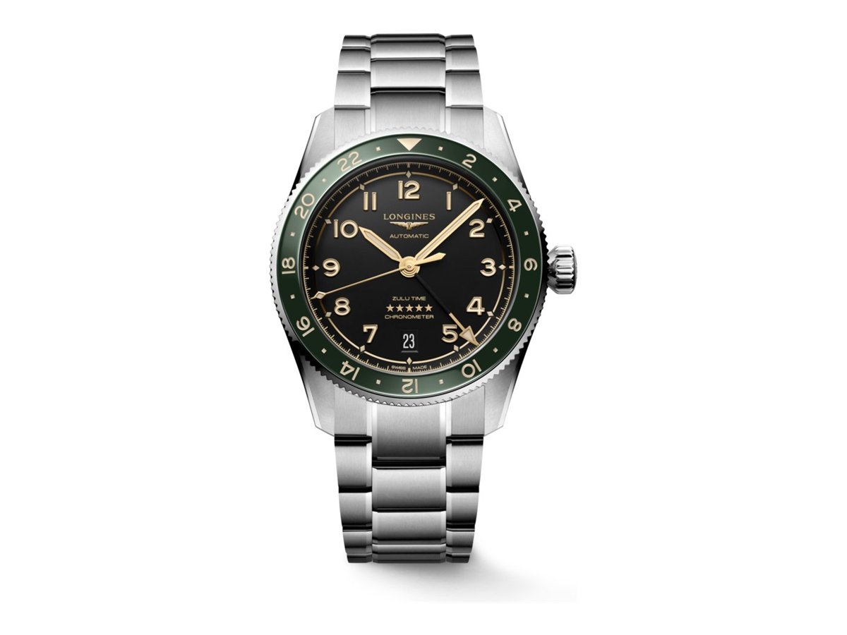 Longines Spirit Zulu Time 39 mm L3.802.4.63.6 con esfera antracita, bisel cerámico verde bidireccional y brazalete de acero