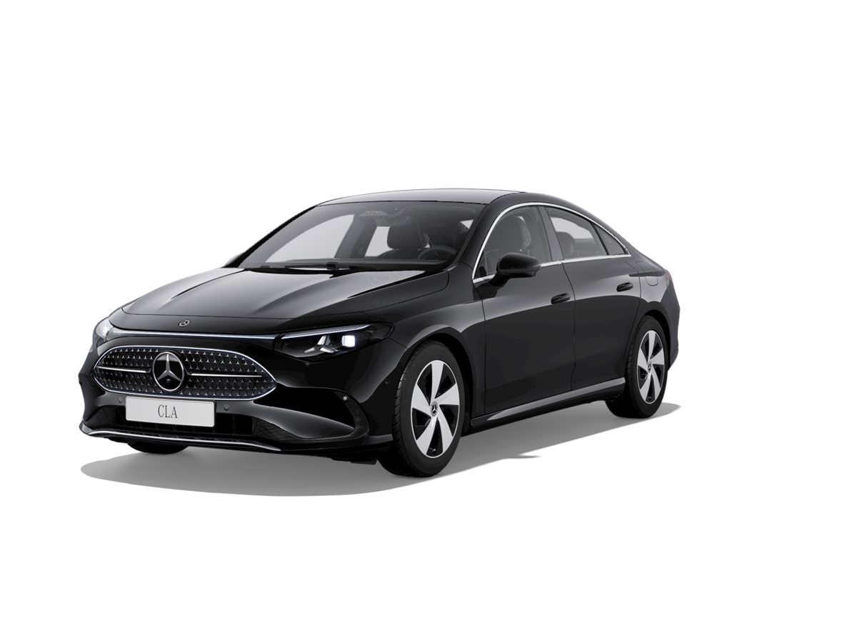 Mercedes-Benz CLA negro de tres cuartos delantero en estudio sobre fondo blanco