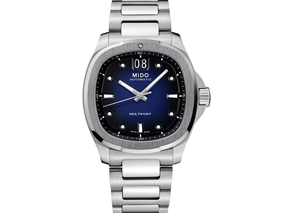 Mido Multifort TV Big Date M049.526.11.041.00 con esfera azul, gran fecha a las 12 y brazalete de acero