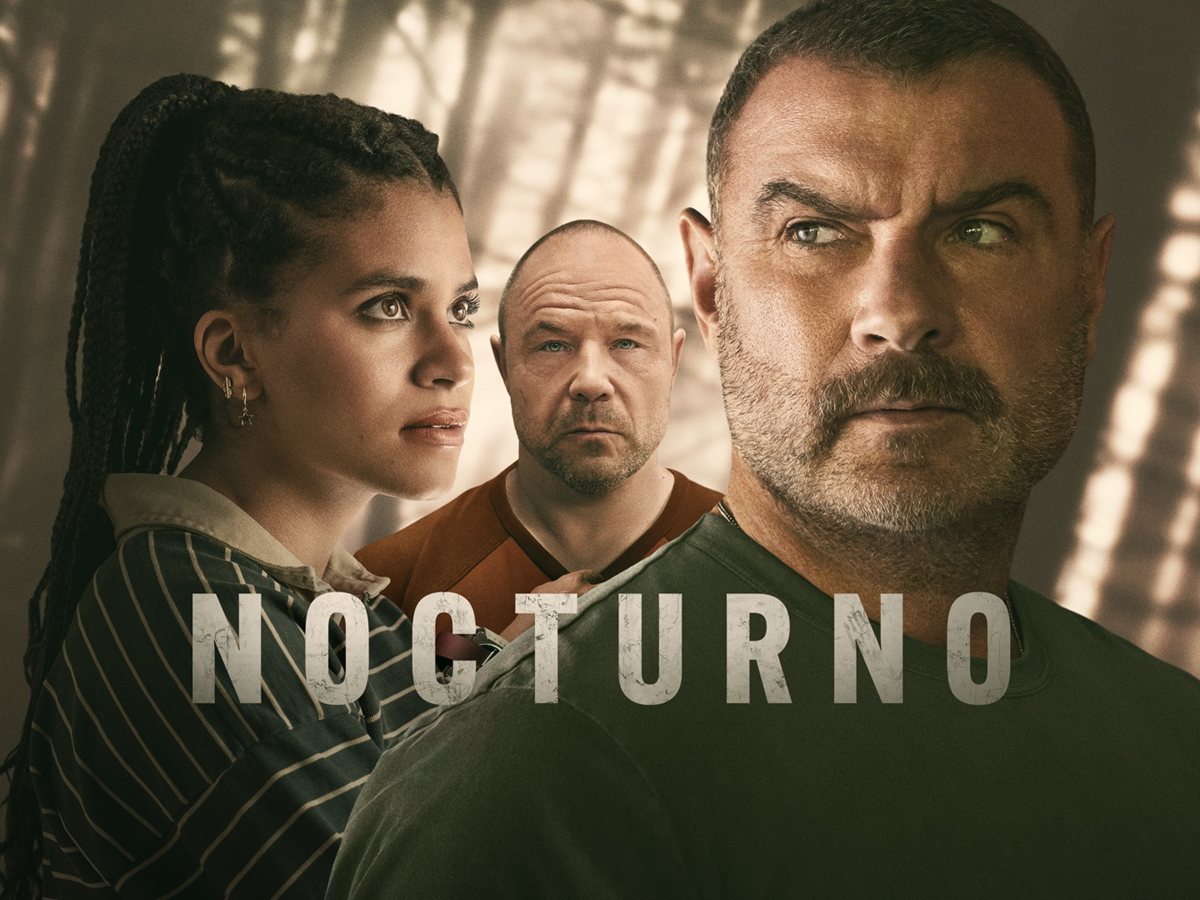 Zazie Beetz, Stephen Graham y Liev Schreiber, serios, bajo el rótulo Nocturno en el arte de la serie de Apple TV