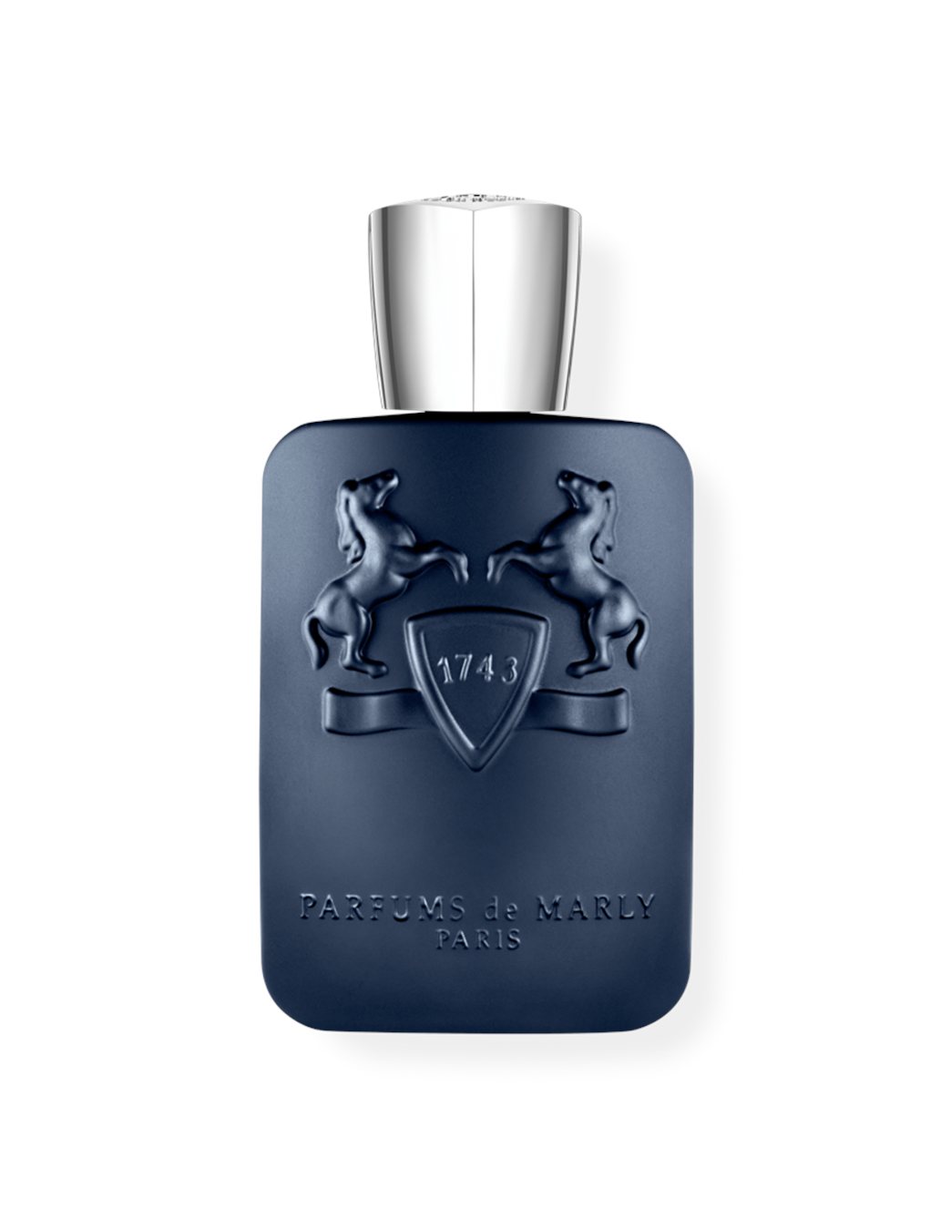 Frasco azul de Parfums de Marly Layton Eau de Parfum con los dos caballos en relieve