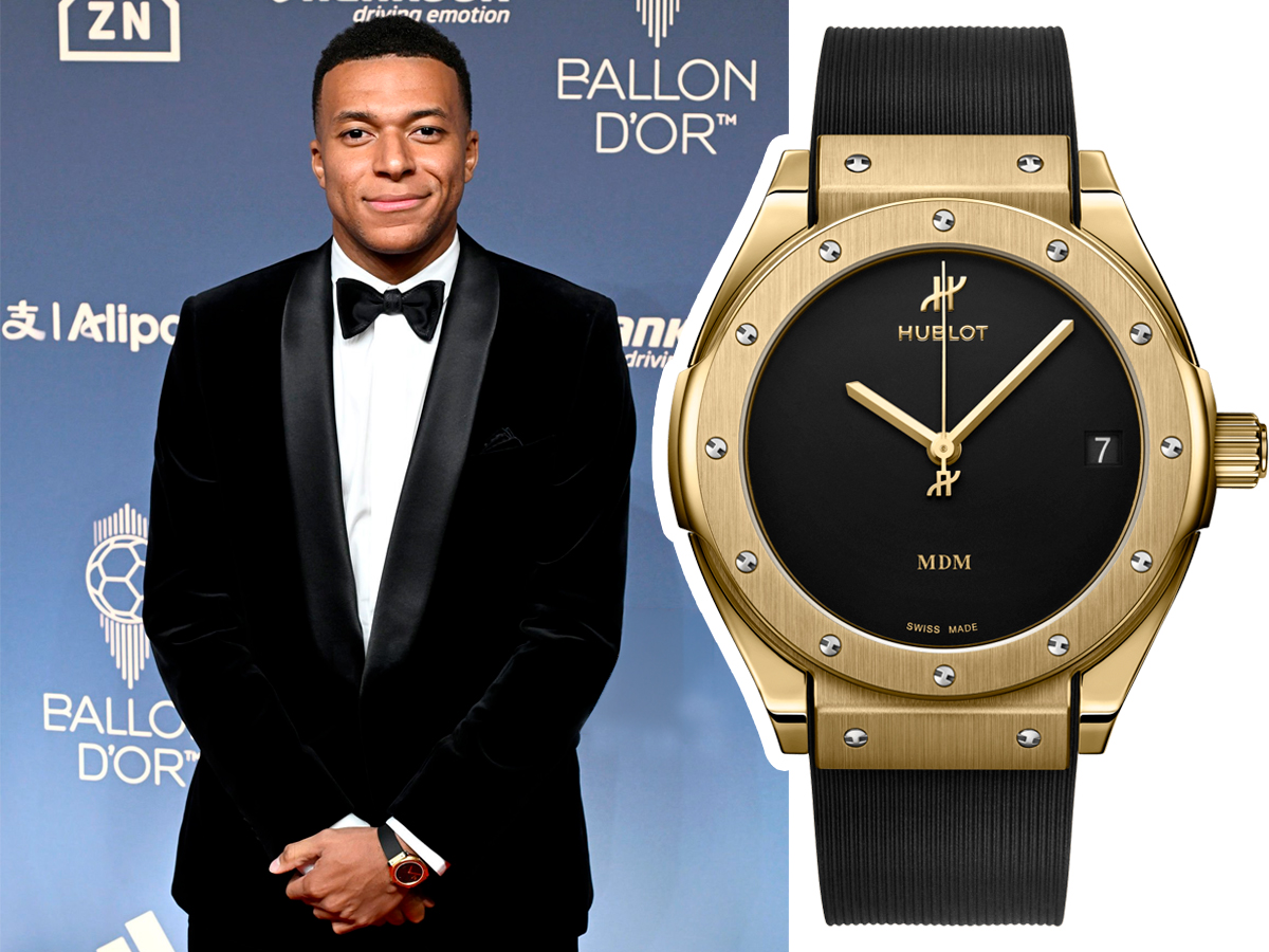 Kylian Mbappé con reloj Hublot Classic Fusion Tributo de oro amarillo