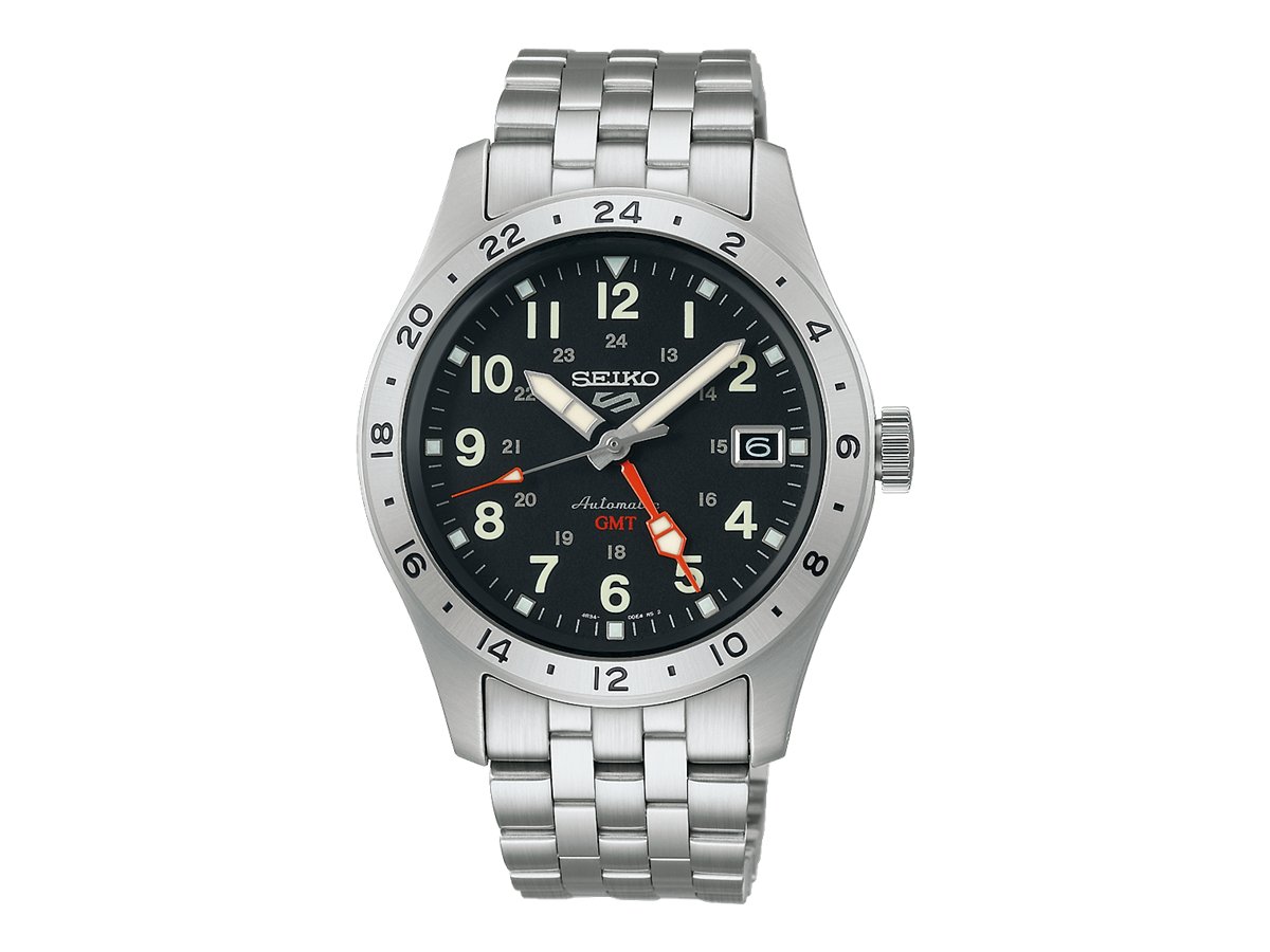 Seiko 5 Sports Field GMT SSK023 con esfera negra, aguja GMT roja y brazalete de acero