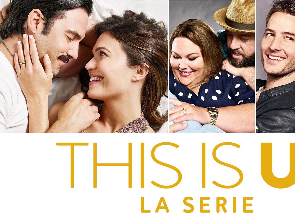 Milo Ventimiglia y Mandy Moore, como Jack y Rebecca, tumbados en la cama, junto a Chrissy Metz, Chris Sullivan y Justin Hartley en el arte de This Is Us