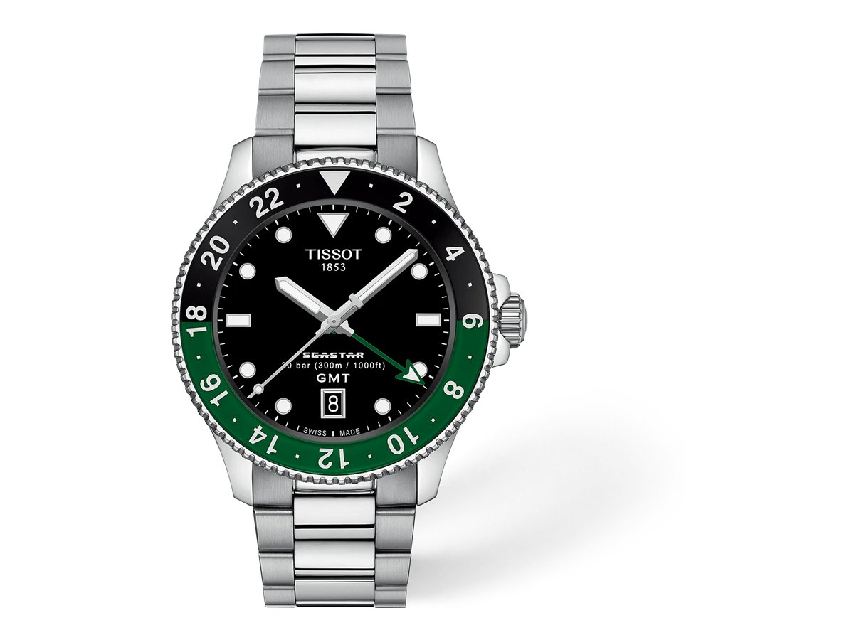 Tissot Seastar 1000 GMT 40 mm T120.852.11.051.00 de cuarzo con esfera negra y brazalete de acero