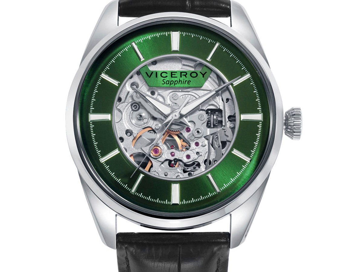 Viceroy automático 401407-67 de 42 mm con esfera verde transparente, caja de acero y correa de piel negra